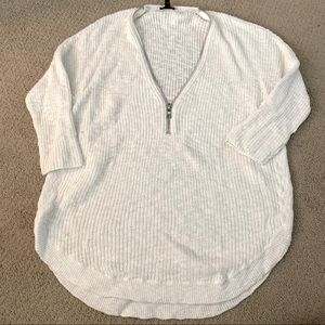 Express Long White Zipper Sweater, 3/4 length sleeves